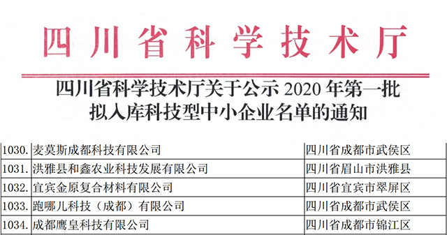 四川省科學技術(shù)廳關(guān)于公示2020年第一批擬入庫科技型中小企業(yè)名單通知